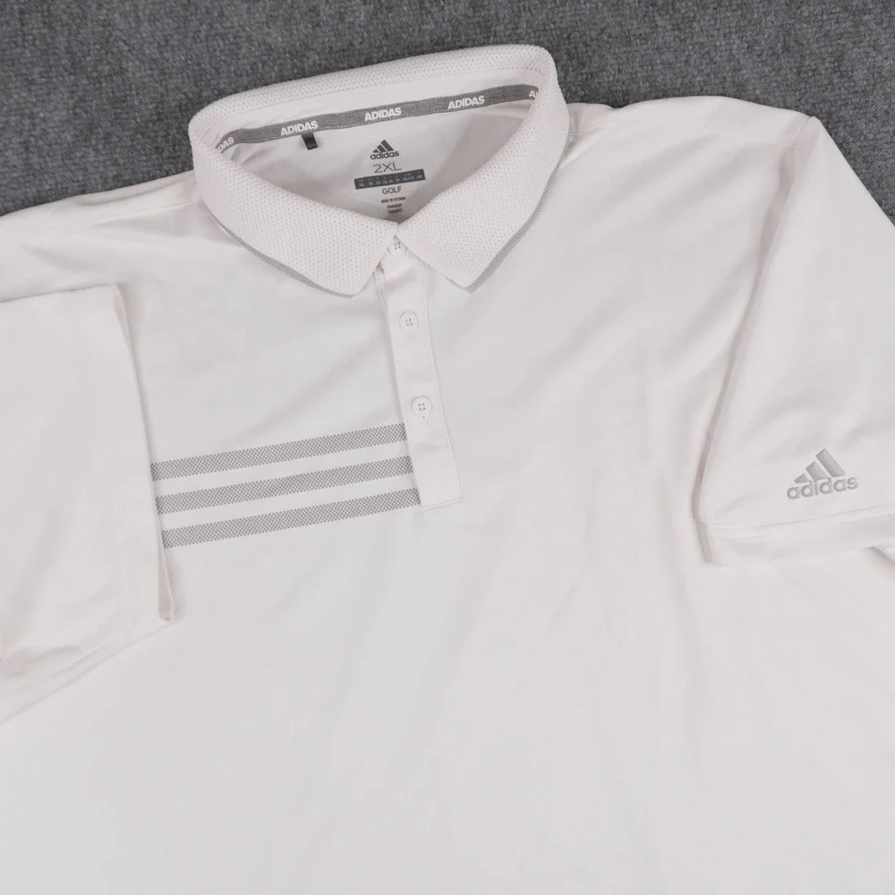 Adidas Golf Polo Shirt‎ Mens 2XL White Grey Stripe Performance Short Sleeve